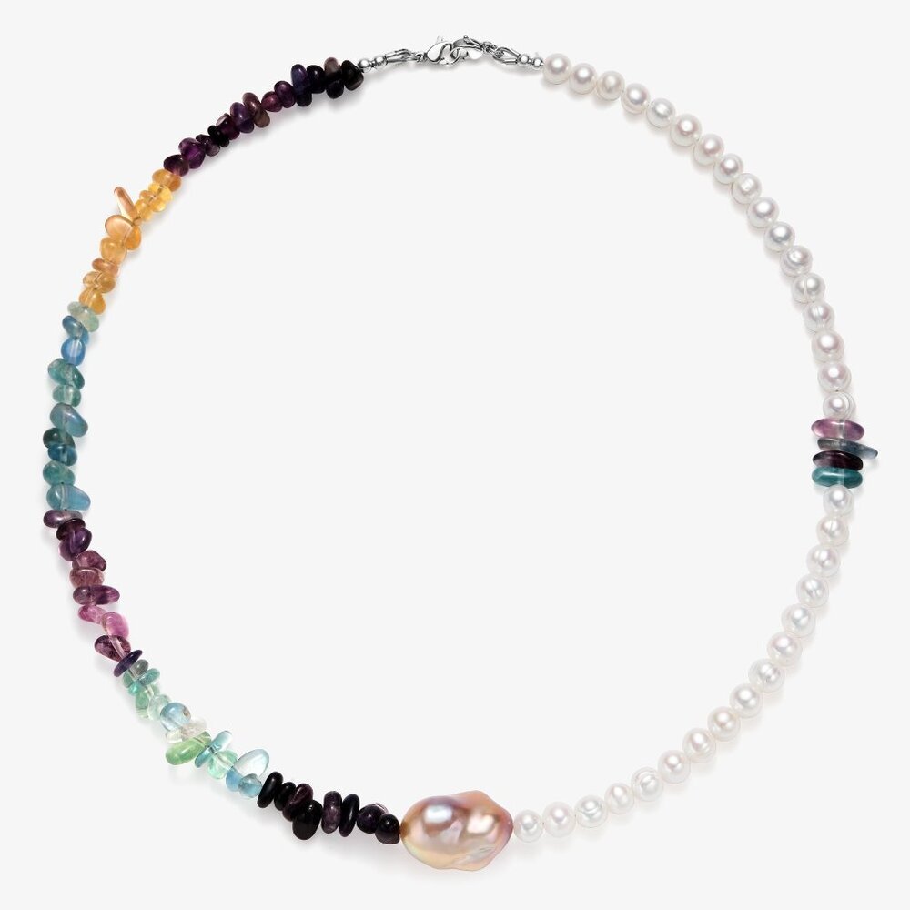Half Natural Fluorite & Half Fresh Water Pearl Necklace